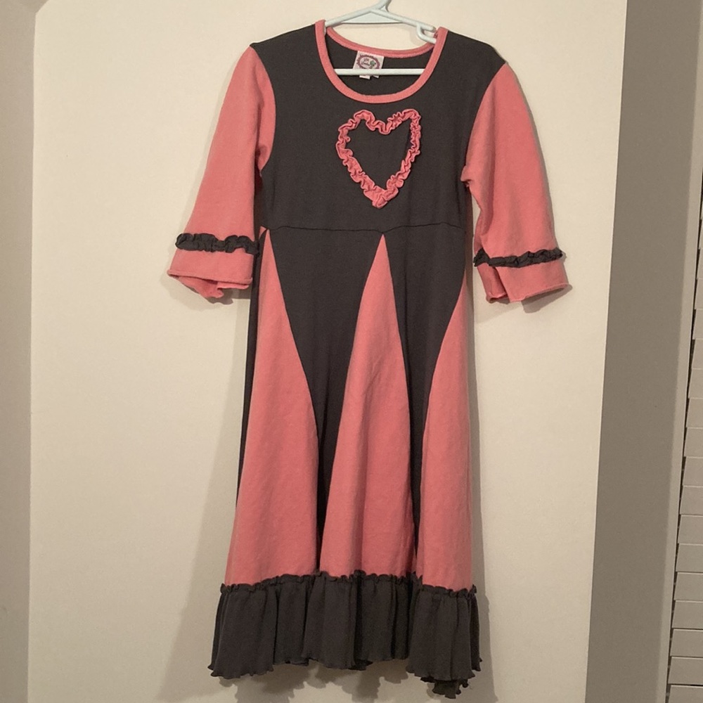 Lilli Lovebird girls pink & gray heart 3/4 sleeve long dress